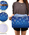 Dang Cool Canvas Storage Basket With Sparkly Winter Snowflake Pattern Heavy Duty Foldable Bin Water Repellent Interior And Tough Leather Handles Makes Home Office Projects A Real Snap, held by a person with jeans.