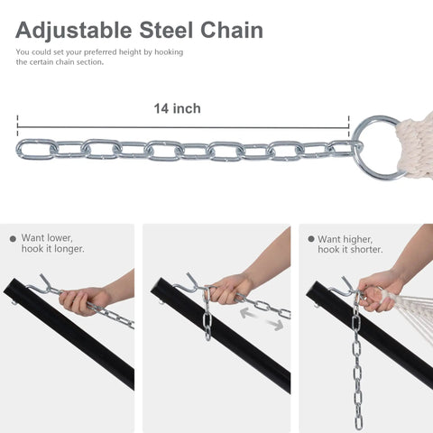 Adjustable steel chain for 12 Ft Outdoor Hammock With Stand For Two, showing hook length options for height adjustment.