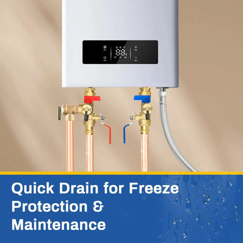 Heavy Duty 3/4 Inch Tankless Water Heater Valve Kit With Pressure Relief Valve And Full Port Ball Valves For Gas Plumbing Lead Free Brass No Sweat Setup Real Deal Performance 20 Pack installed with quick drain valves.