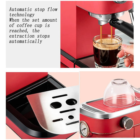 Heavy Hitter 1.1L Semi Automatic Espresso Coffee Maker With 850W Motor And 15 Bar Pressure brewing coffee into a glass cup.