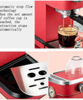 Premium Semi Automatic Espresso Machine With 15 Bar Pressure And 1.1 Liter Tank And Auto Shut Off Switch, showing red brewer with coffee extraction.