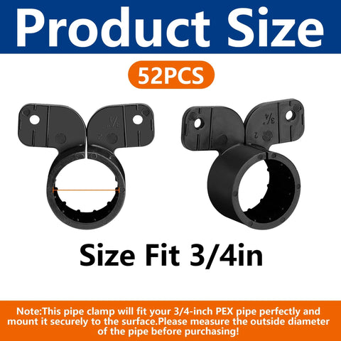 52-piece black butterfly-style pipe clamp set for 3/4 inch PEX, copper, and CPVC pipes