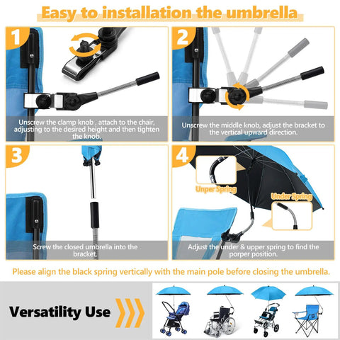 Installation guide for Two Pack Heavy Duty Beach Camping Chairs With Umbrellas, showing umbrella attachment steps.