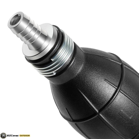 Close-up of primer bulb from Three Eighths Inch Fuel Line Assembly With Six Foot Nylon Braided Marine Fuel Hose, Primer Bulb And Stainless Clamps, Your Go-To Universal Fuel Line Kit For Outboard Boats, RVs, Tractors And More, Ethanol Compatible Low Permeation