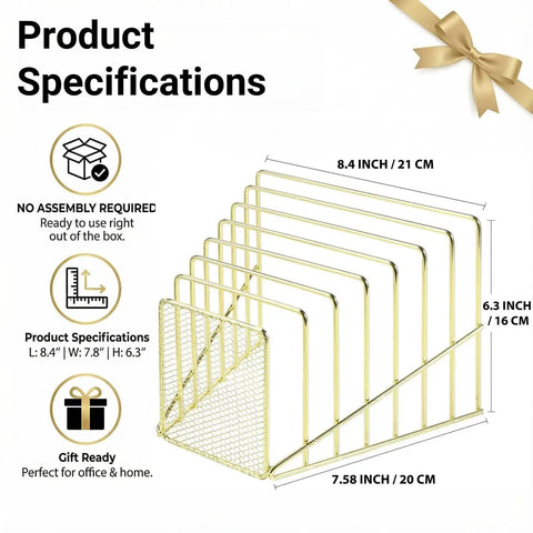 Gold Desk Organizer With 7 Slot Inclined Vertical File Holder Mesh Front Rack For Mail Slim Binders And Books on white background.