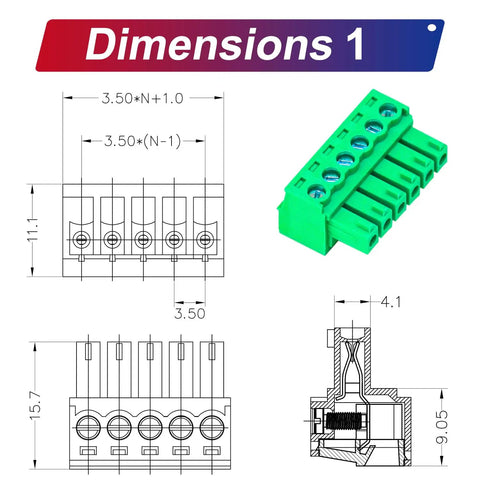 Image showing dimensions and diagram of 3.5mm Pitch Phoenix PCB Screw Terminal Block Connector Pack of 5, 2 to 24 Pin Options.