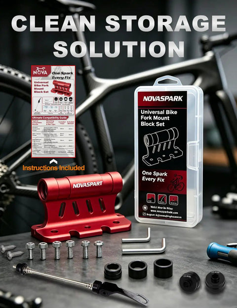 Truck Bed Bike Fork Mount With Four Adapters For 9x100mm QR 12x100mm 15x100mm And 15x110mm Boost Forks kit with red mount, adapters, bolts, and case