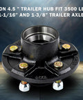 RigsNParts trailer idler hub kit, 5 on 4.5 in bolt pattern, black steel hub with #84 spindle, front view