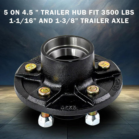 RigsNParts trailer idler hub kit, 5 on 4.5 in bolt pattern, black steel hub with #84 spindle, front view