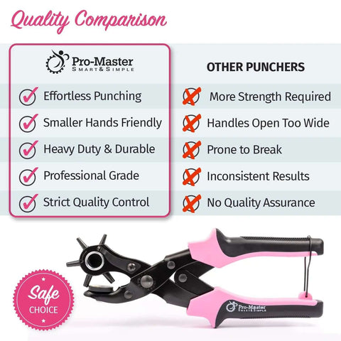 Comparison chart with Pro-Master Leather Hole Punch Tool advantages over others; pink handle, heavy duty, small hands friendly, double leverage.
