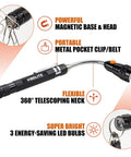 Magnetic Pickup Tool with telescoping neck and LED bulbs, features flexible metal neck, magnetic base, and clip for belts.