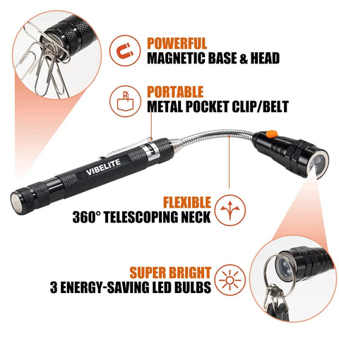 Magnetic Pickup Tool with telescoping neck and LED bulbs, features flexible metal neck, magnetic base, and clip for belts.