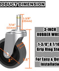 Replacement Casters For Brute Trash Bin Dollies Set Of 5 3 Inch Swivel Stem Wheels With 375 Lbs Capacity Per Set Compatible With FG264000BLA 2640 And 1867534 Models Quick And Secure Install With One And Three Eighths Inch Grip Ring Stem And Seven dimensions diagram