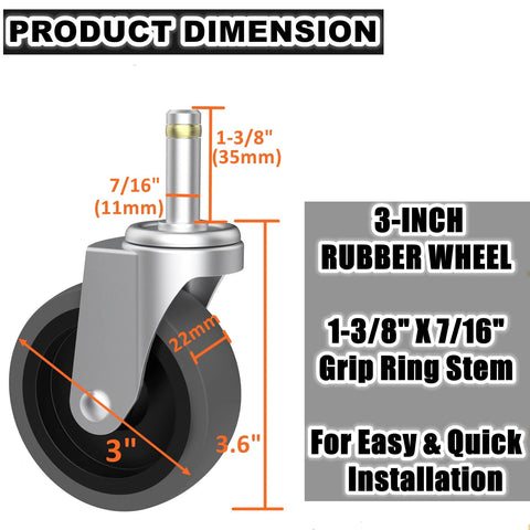 Replacement Casters For Brute Trash Bin Dollies Set Of 5 3 Inch Swivel Stem Wheels With 375 Lbs Capacity Per Set Compatible With FG264000BLA 2640 And 1867534 Models Quick And Secure Install With One And Three Eighths Inch Grip Ring Stem And Seven dimensions diagram