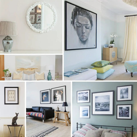Collage of rooms with artwork and mirror using Heavy Duty Picture Hanging Kit For Walls Handles Up To 100 Lbs With Tough As Nails Wire