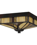 Finley Two Light Valiant Bronze Flush Mount with multicolored Tiffany glass shade, square shape for traditional decor.