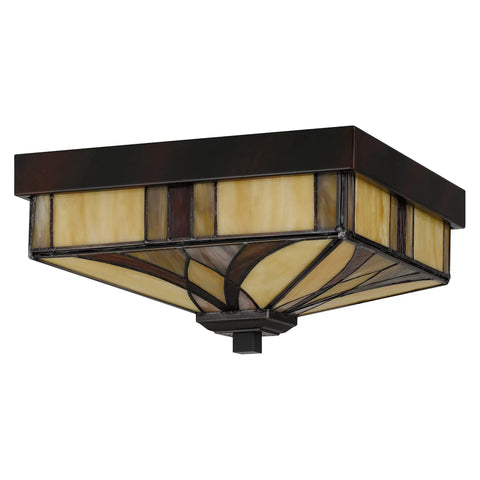 Finley Two Light Valiant Bronze Flush Mount with multicolored Tiffany glass shade, square shape for traditional decor.
