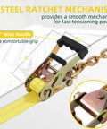Heavy Duty Car Tie Downs Lock Tight Steel Ratchets with 4.2 inch handle for tensioning and 9 inch steel mechanism for durability.