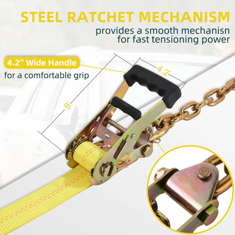 Heavy Duty Car Tie Downs Lock Tight Steel Ratchets with 4.2 inch handle for tensioning and 9 inch steel mechanism for durability.