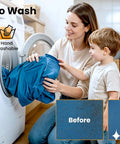 Woman and child washing fabric with before and after cleaning comparison showing ease of washing, machine and hand washable.