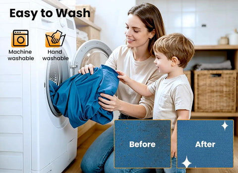 Woman and child washing fabric with before and after cleaning comparison showing ease of washing, machine and hand washable.