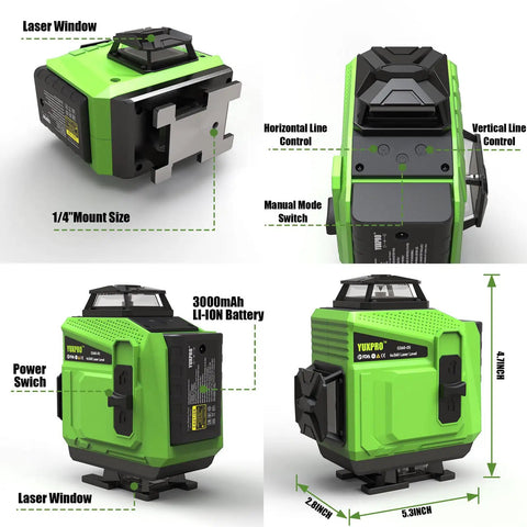 360 Degree Laser Level For Tiling And Layout Self Leveling Pro Grade Horizontal And Vertical Cross Line Laser For Floors Walls Ceilings With Hard Case Perfect For Squaring Framing And Cabinet Installations, green 4x360 laser level with 3000mAh battery and 1/4 mount