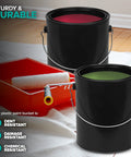 Two one gallon black plastic paint buckets with triple lock airtight seal, 128 fl oz, alongside paint tray and roller.