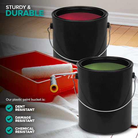 Two one gallon black plastic paint buckets with triple lock airtight seal, 128 fl oz, alongside paint tray and roller.