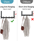 Comparison of over the door hook racks, showing easy access to 9-inch long arm matte black hooks holding coats and bags.
