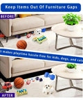 Adjustable Under Couch Blocker With Hella Secure Elastic Strap Blocks Toys And Small Items From Sliding Under Furniture, keeps play area clean.