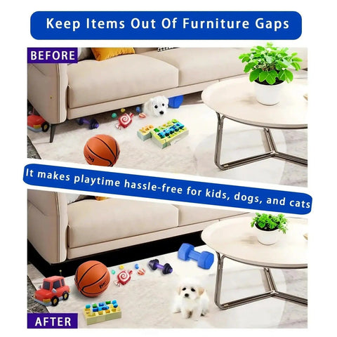 Adjustable Under Couch Blocker With Hella Secure Elastic Strap Blocks Toys And Small Items From Sliding Under Furniture, keeps play area clean.