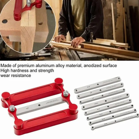 Top Tier Stainless Steel Center Gauge For Woodworking With Hella Sturdy Interchangeable Inch And Metric Marking Rods For Dead Accurate Hole Punch Locator Layout on wood pieces.