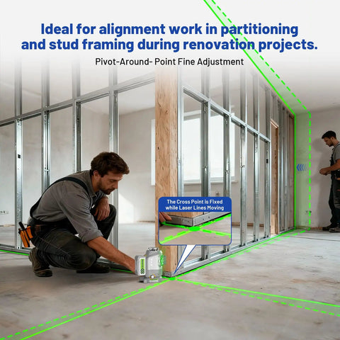 Two construction workers using Pro Grade Outdoor 360 Degree Green Laser Level With Self Leveling on a stud frame for precise alignment.