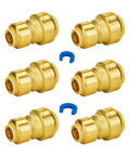 Six reducing coupling 3/4 inch to 1/2 inch lead-free brass push-to-connect plumbing fittings for PEX, copper, CPVC with disconnect clips.