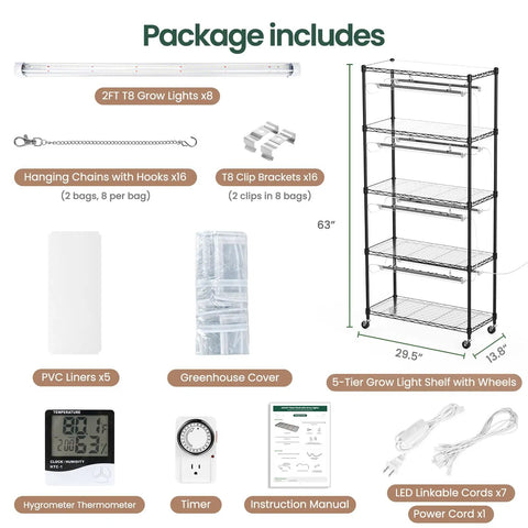 Package contents of Indoor Grow Cabinet With Five Tier Shelves And Eight Full Spectrum Grow Lights 6000K Thick PVC Cover shown.