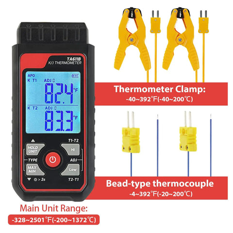 Go-To Dual Channel Digital K Type Thermocouple Thermometer With 2 HVAC Clamps And 2 Probes, Wide -328 To 2500 F Range, LED Backlight, Adjustable Compensation, Handy HVAC Lab Tool For Quick Readouts, front view