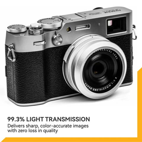 Fujifilm X100 series camera fitted with NC UV Silver Frame Lens Protector Filter, showcasing 99.3% light transmission feature.