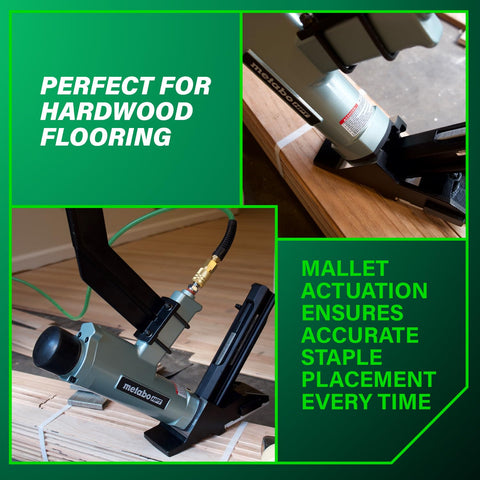 2 In 1 Flooring Nailer And Stapler For 16 Gauge L Shaped Cleats And 15.5 Gauge One Half Inch Staples, on hardwood flooring