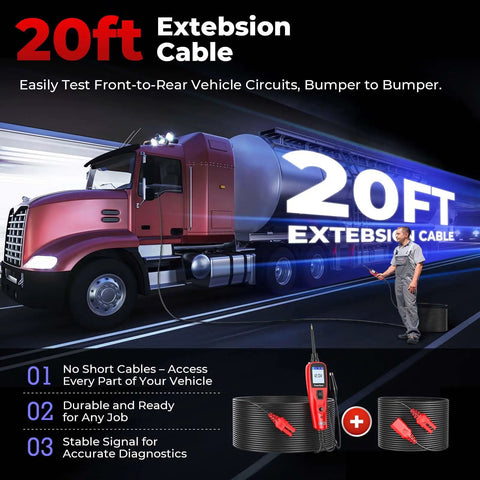 12-24V Car Circuit Tester Kit With Power Probe, Short and Open Finder, All in One Auto Electrical Diagnostic Tool for Voltage, Polarity, Continuity, Signal Circuit Diagnosis, Component Activation, and Bad Ground Checks. 20ft extension cable shown with truck test