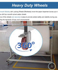 Solid Commercial Packaging Dispenser With Cut Blade And Brake Wheels, Heavy Duty Wrap Paper Cutter Stand For Bubble Film showing heavy duty locking wheels.