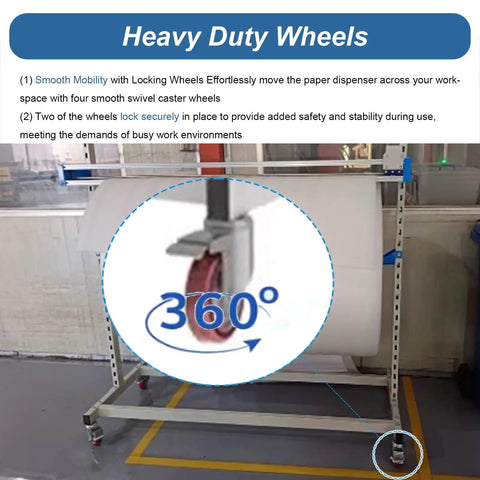 Solid Commercial Packaging Dispenser With Cut Blade And Brake Wheels, Heavy Duty Wrap Paper Cutter Stand For Bubble Film showing heavy duty locking wheels.
