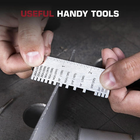 Pro Grade Stainless Steel Sheet Metal Gauge Thickness Tool Dual Sided Round Thickness Gauge For Zero To Thirty Six Reading Before Welding And Any Metalworking Project being used to measure metal thickness.