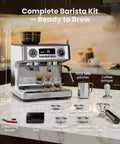 Professional Dual Boiler Espresso Machine With Integrated Grinder And Auto Milk Steamer Delivering Real Deal 20 Bar Pressure For Your Ultimate Daily Grind Setup with barista kit on countertop.