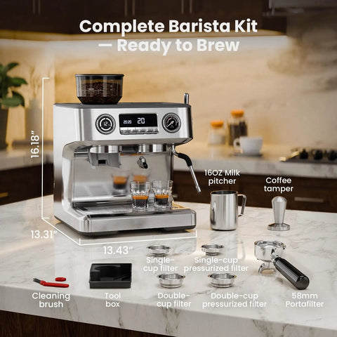 Professional Dual Boiler Espresso Machine With Integrated Grinder And Auto Milk Steamer Delivering Real Deal 20 Bar Pressure For Your Ultimate Daily Grind Setup with barista kit on countertop.