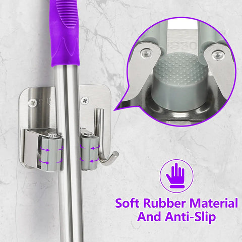 Sturdy Stainless Steel Mop Broom Wall Mount Organizer Rack With Four Gripper Positions And Hooks, close-up of gripper