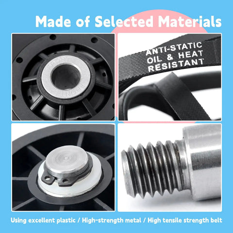 Components of Speed Queen Dryer Rebuild Kit All In One With Roller Set RB170002, Idler Pulley D516792, Belt D511255P.