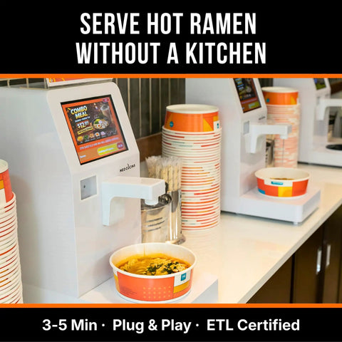Commercial Self Serve Ramen Cooker For Quick Service with touchscreen panels in a convenience store setting.