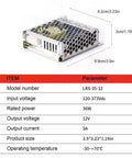 No Fuss Heavy Duty 12 Volt 35 Watt Switching Power Supply Ul Listed Ac To Dc Converter viewed from the side with specifications visible.