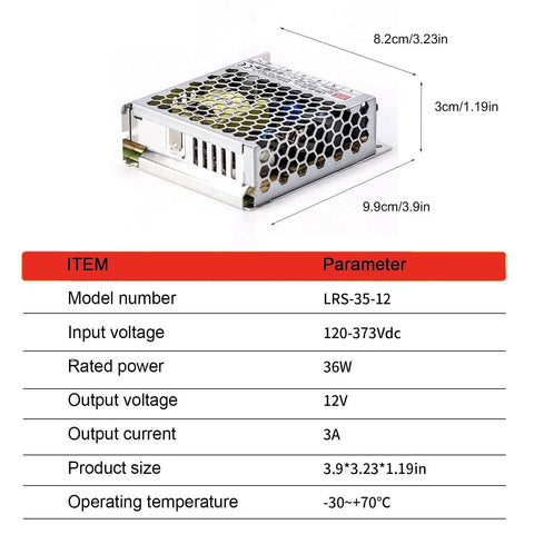 No Fuss Heavy Duty 12 Volt 35 Watt Switching Power Supply Ul Listed Ac To Dc Converter viewed from the side with specifications visible.