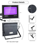 Two Pack 50W UV Black Light Flood Lights With 100 LEDs IP66 Waterproof For Glow Parties Bars Body Painting Halloween And Stage Lighting Wide 120 Degree Beam Covering Up To 750 Square Feet Flicker Free, showing product dimensions and mounting options
